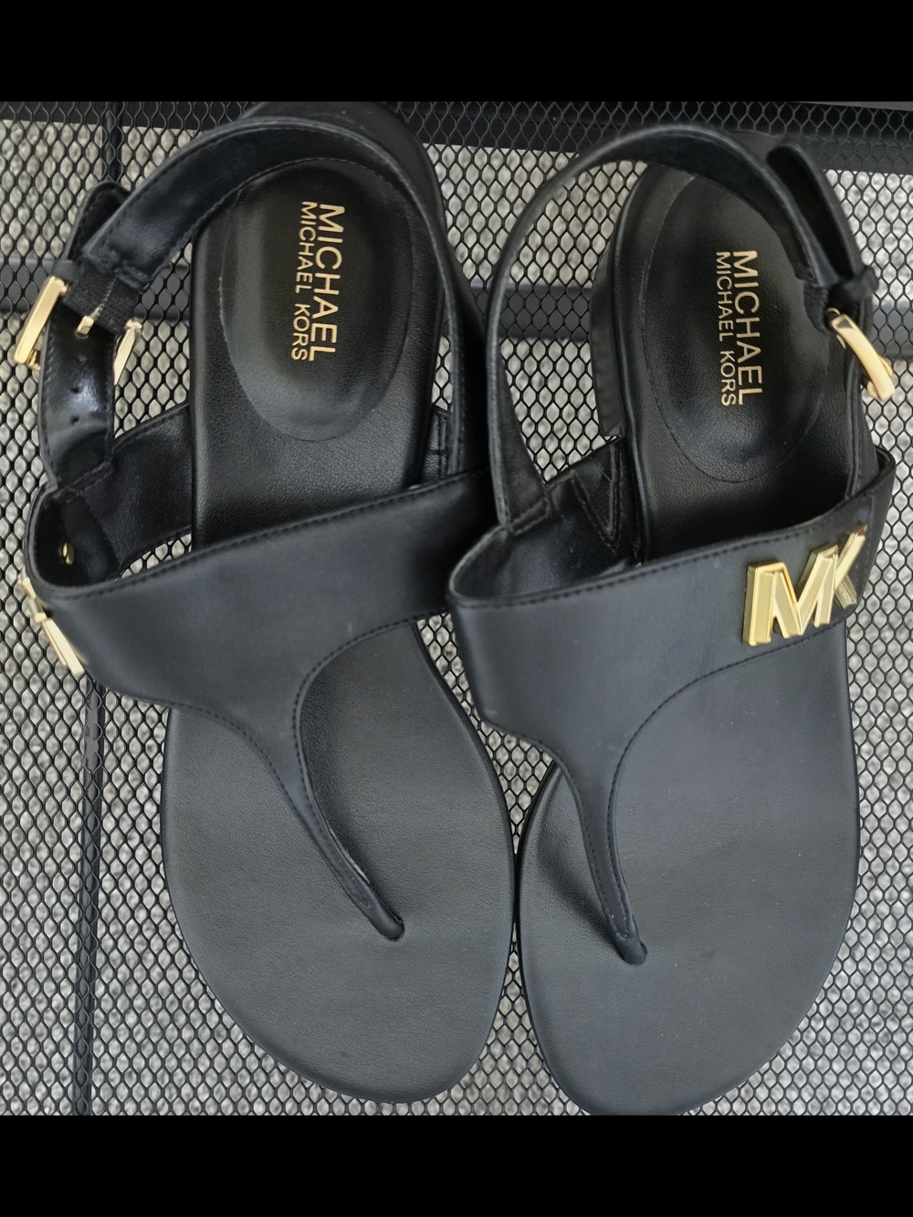MK Black Leather Slide Sandals with Gold Logo